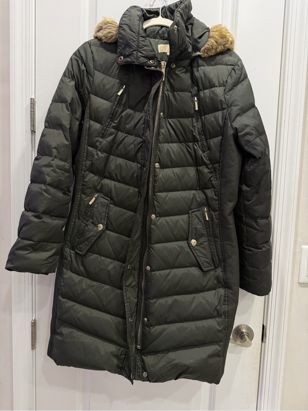 Michael Kors Olive Long Quilted Puffer Coat with Faux Fur Trim
